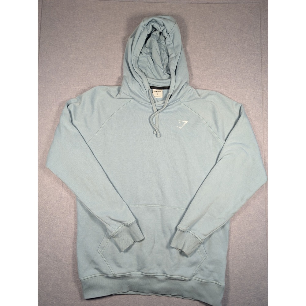 Gymshark Crest Hoodie Men Large Light Blue Pullover Embroidered Logo Excellent